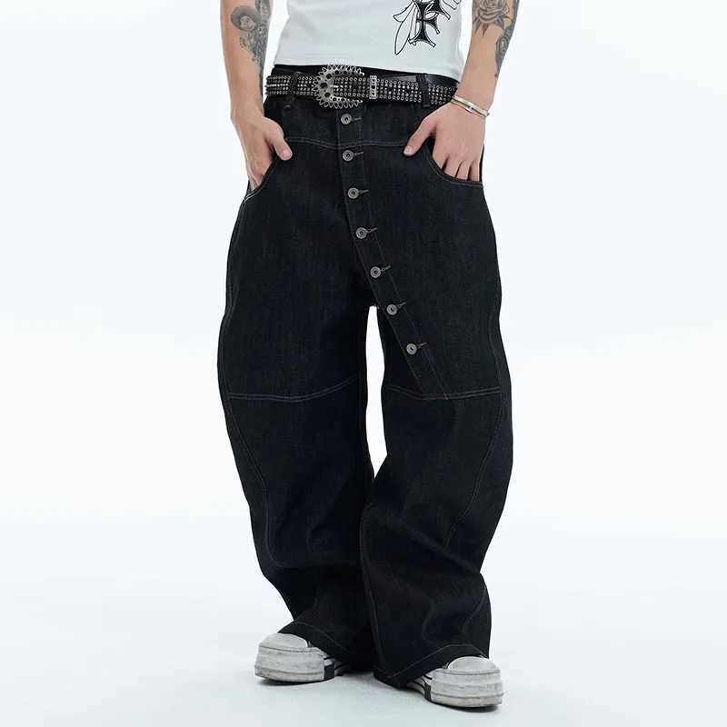 Korean High Street Buckle Curved Jeans Autumn MenS Loose Straight Leg Pants Black Wide Leg Pants Casual Pants Hip-Hop Pants M260319