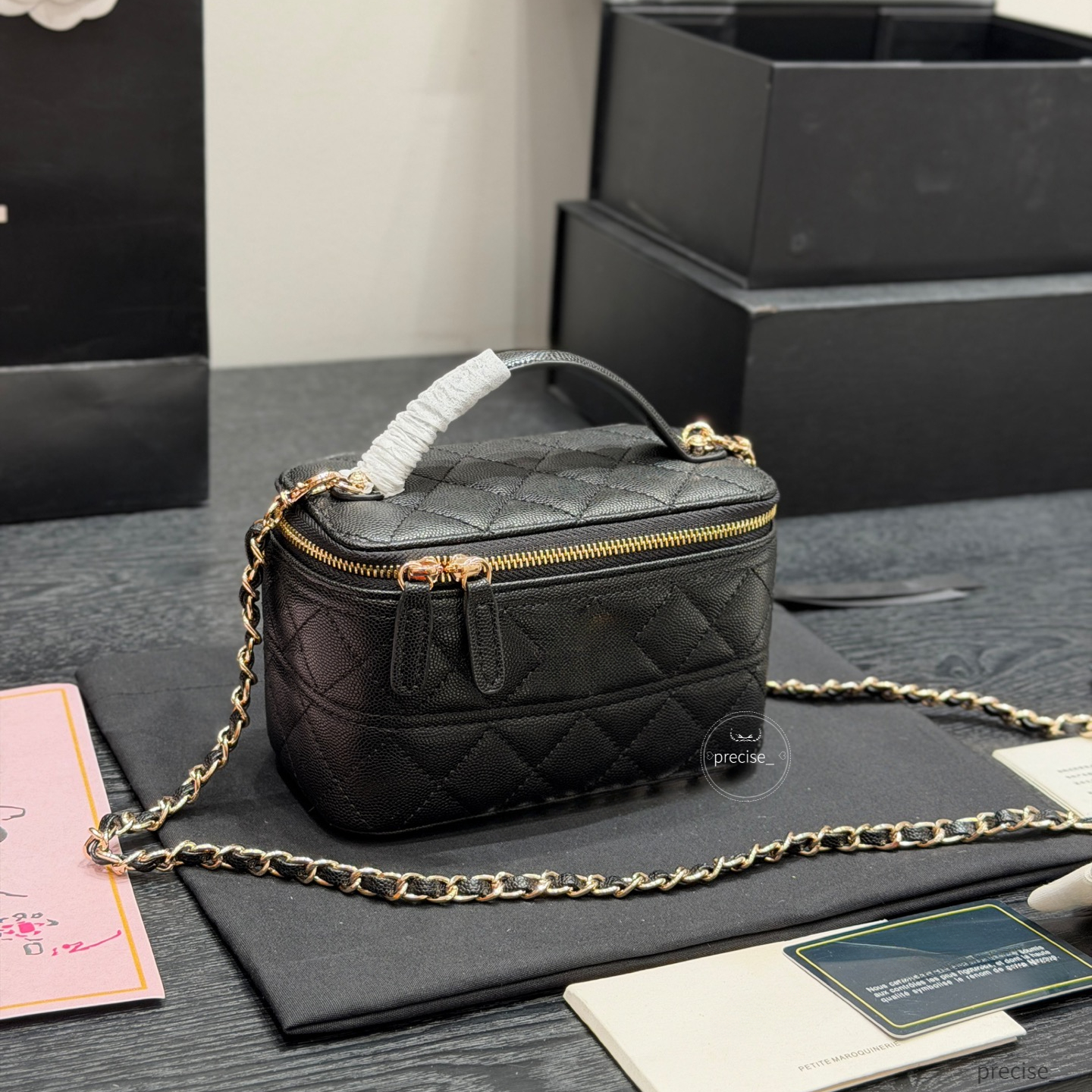 Women Caviar Cowhide Leather Vanity Case Box Bag Top Handle Designer Style Makeup Bag Crossbody Shoulder Bag Quilted Chain Handbag with Mirror