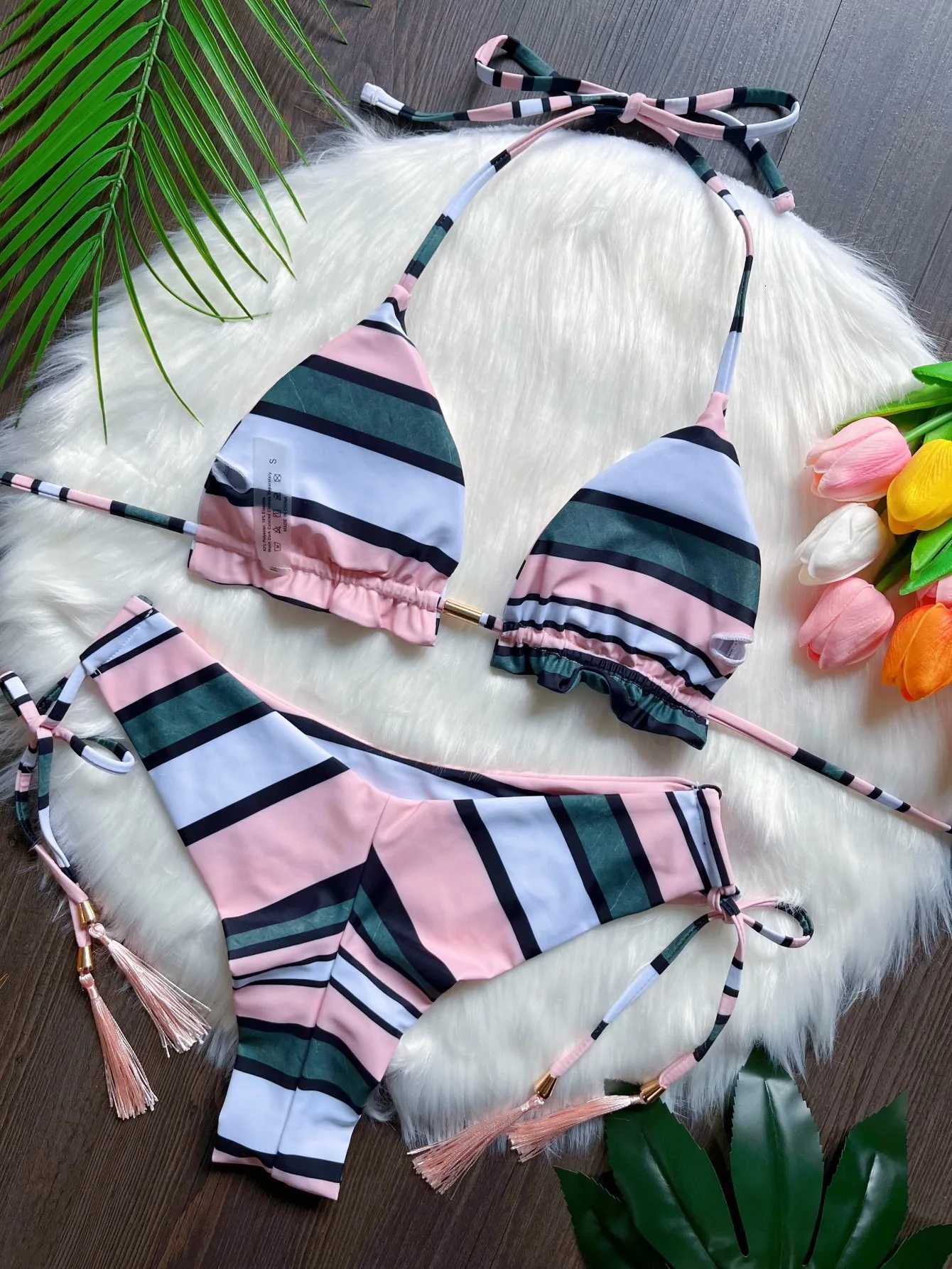 Striped print womens sexy bikini swimsuit split set with straps and tassels 2-piece set summer beach swimsuitT260318