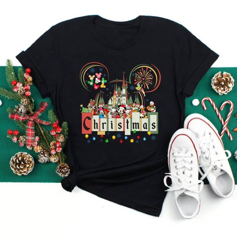 Merry Christmas Black Disney Print T-shirts Women Kawaii Y2K 90S Santa Claus Sweetshirts Female Tops Tee Harajuku Clothing