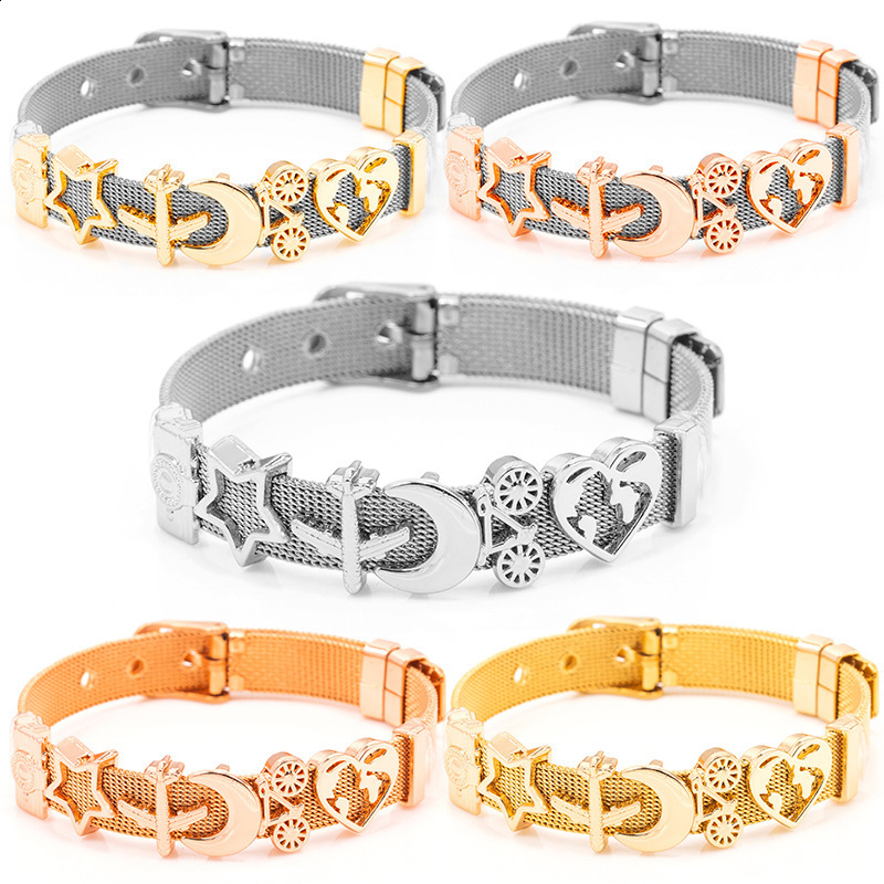 Charm Bracelets DINGLLY Two tone Stainless Steel Mesh For Women Men Golden Love Heart Beaded 10mm Ribbon Bracelet Bangle Gifts 230424