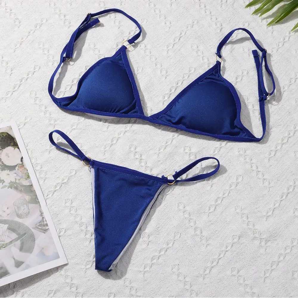 Ladies Sexy Solid Color Sling Bikini Set Metal Buckle Decorated Swimwear Set Woman Sling Backless Bikini Vacation Beach SwimwearT260318