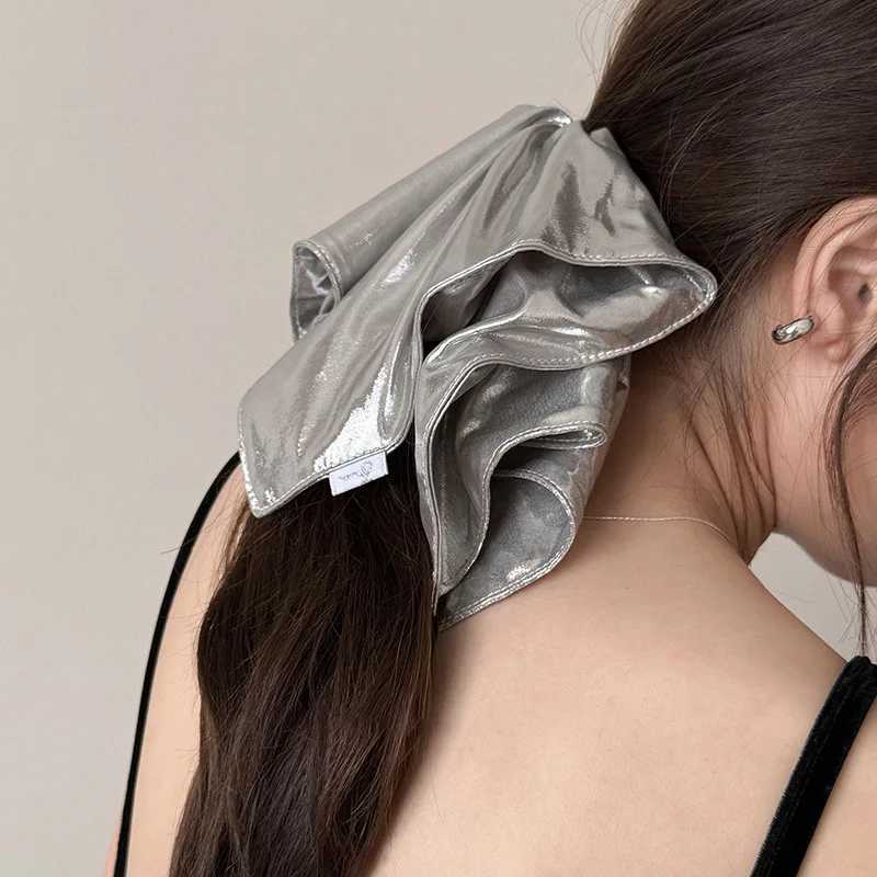 21cm Oversize Metallic Black Silver Hair Scrunchies Faux Leather Square Elastic Hair Bands Women Girls Accessories Hair Ties H260319