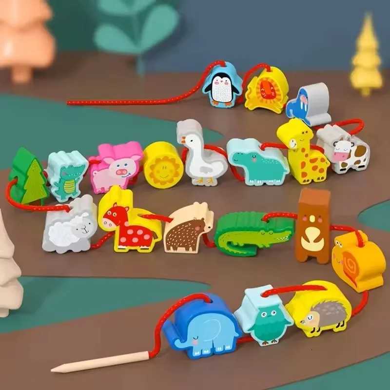 Monterssori Baby DIY Wooden Toys Cartoon Fruit Animal Stringing Threading Wooden Beads Educational Toys for Kids Christmas Gift Y260319