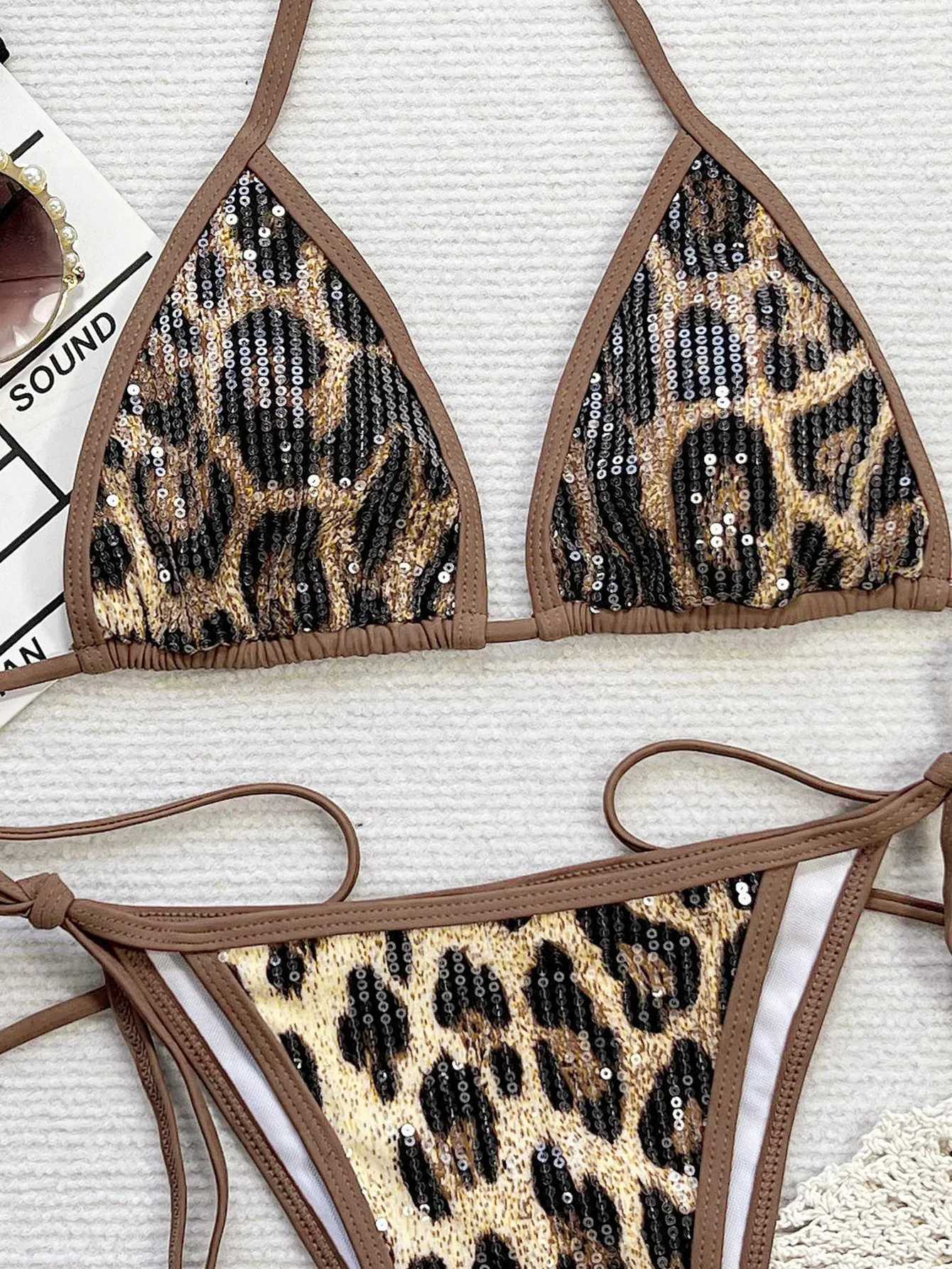 Sexy Triangle Bathing Suit for Women Bikini 2025 Women Sequin Leopard Print Push Up Micro Swimsuit Beach Swimming Suit SwimwearT260318