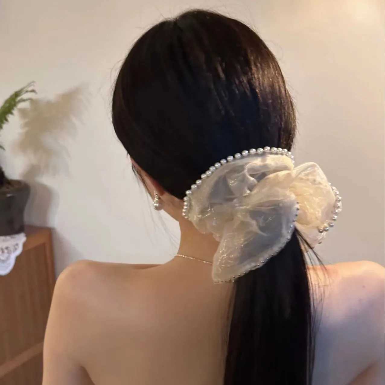 Elegant High-End Pearl Mesh Hair Ring Headband for Women Versatile Large Intestine Rubber Band Hair Accessory H260319