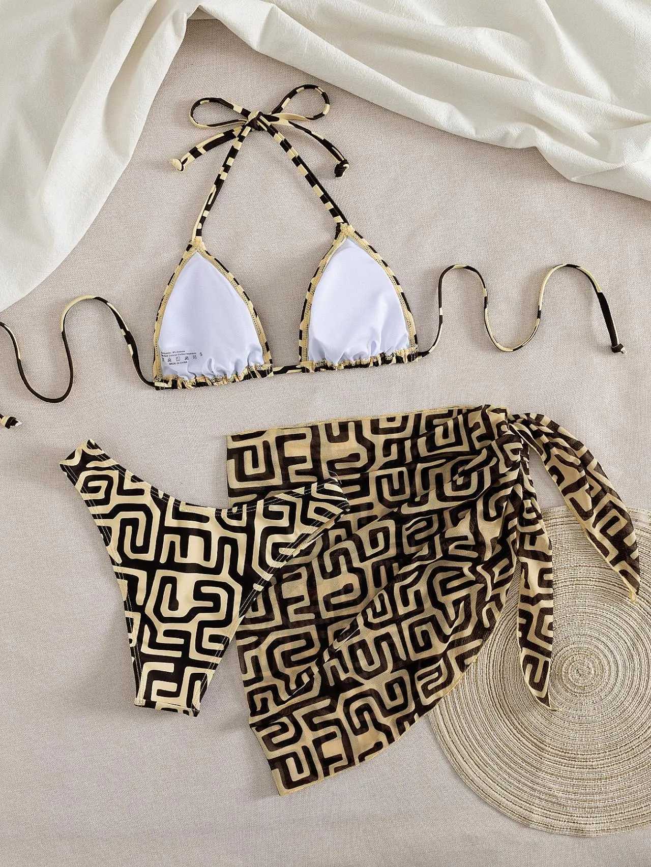 Vintage Yellow Geometry Print Bikini Set Women Halter Push Up Bra Mesh Skirt 3 Piece Swimsuit Bathing Suit Holiday Swimwear 2026T260318