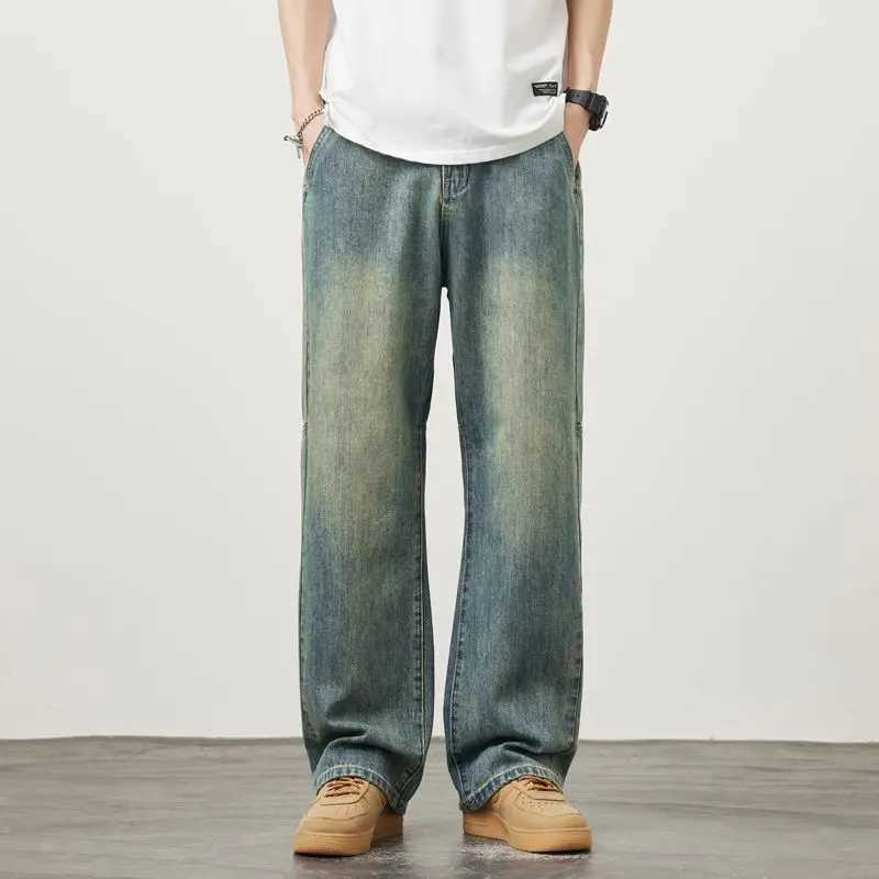Jeans Fashionable Splicing Design Straight Wide-leg Pants Korean RETRO Street Baggy Denim Trousers Mens Baggy Pants M260319