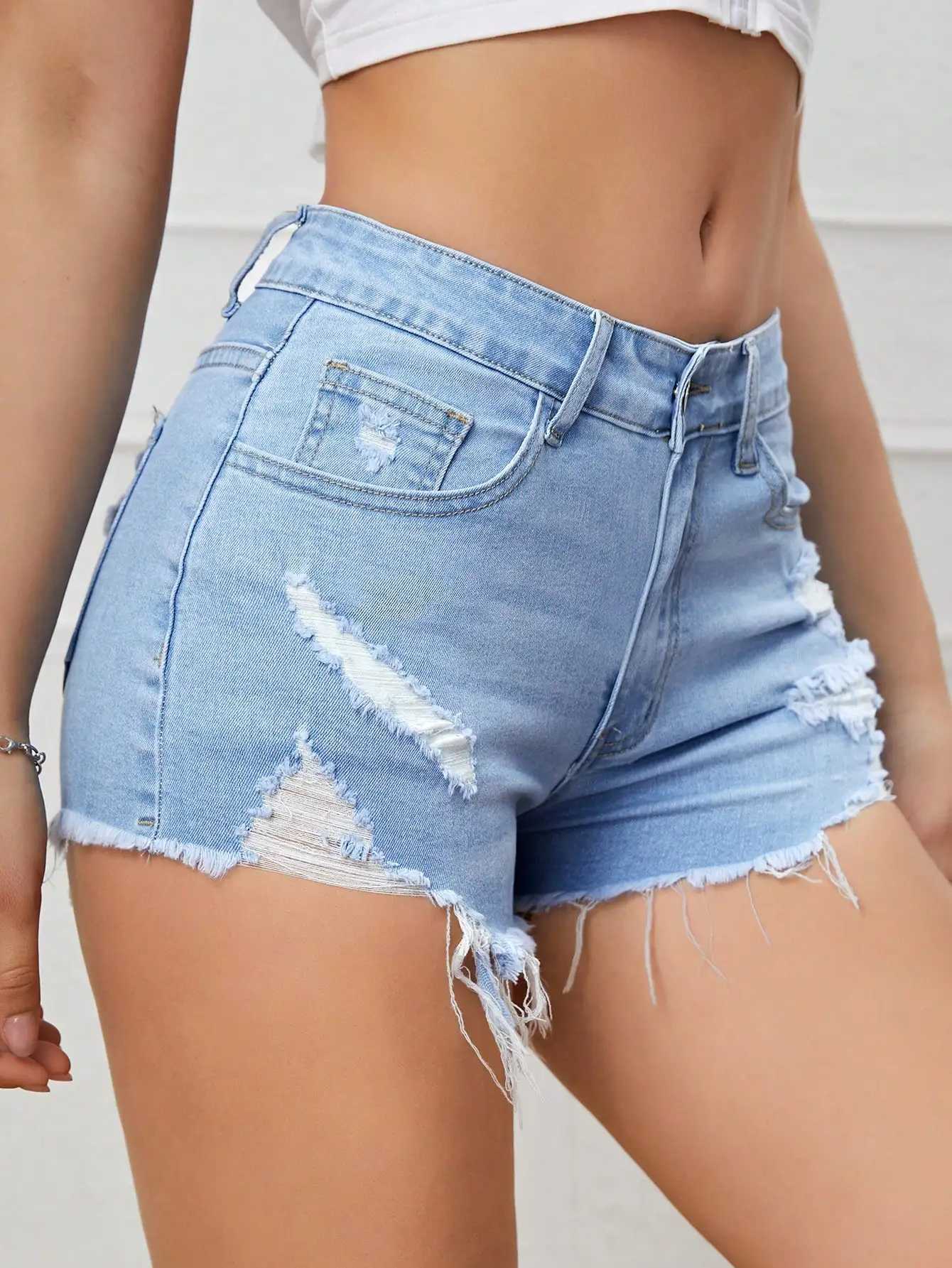 Ripped Raw Denim Shorts For Women Fashion A-line Hem Female Summer Hot Pants Streetwear Blue Clothing Skinny Sexy Retro Leisure M260319