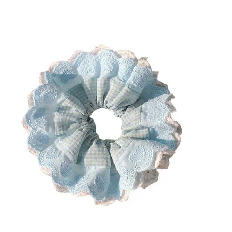 Ladies Hair Tie Blue Plaid Bow Lace Square Scarf Headband Korean Womens Oversized Hair Accessories Sweet Style Cute Scrunchies H260319
