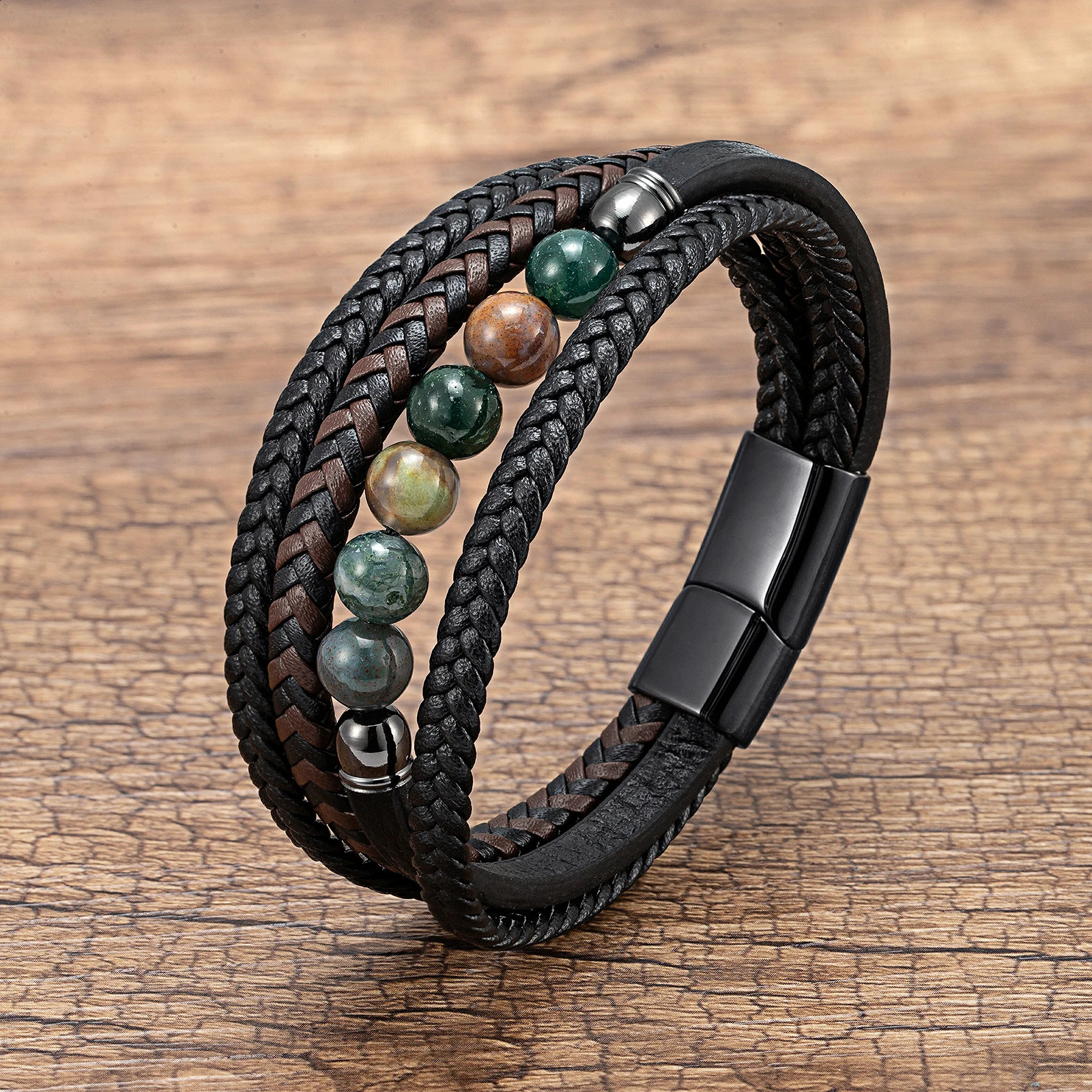 Natural Round Lava Stone Beaded Charm Bracelet Men Multilayer Woven Leather Bracelet Fashion Tiger Eye Jewelry Boyfriend Gift 260318