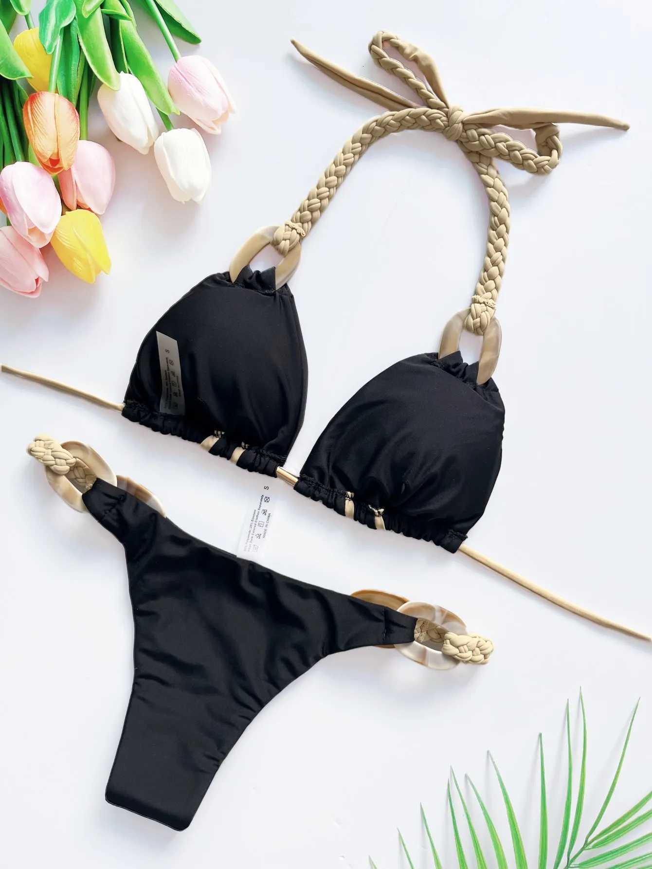 Weave triangle swimsuit lady biquinis Brazilian women bikini ring sexy bathing suit 2025 two pieces suits Halter micro swimwearT260318