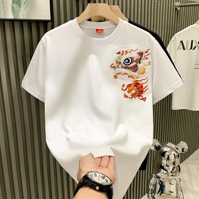 Pure Cotton ort Sve T-irt Men's Summer Chinese Style New round Ne Loose Casual Match All Cotton Embroidery Lion Print Tee