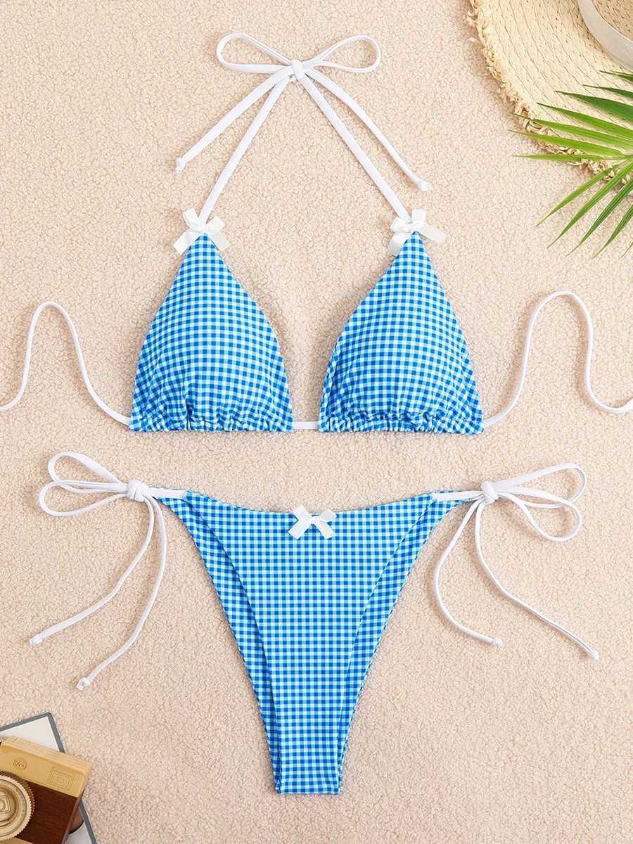 Sexy Bikini Womens Swimsuit Butterfly Decor Checked Swimwear 2026 Halter Thong Bikinis Sets Swimming for Beachwear Bathing SuitT260318