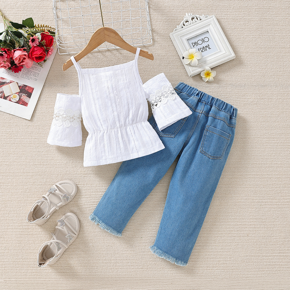 Samgami Baby Summer Girls Outfit Hollow Strap Top Embroidered Jeans Fashion Two-Piece Set 220909