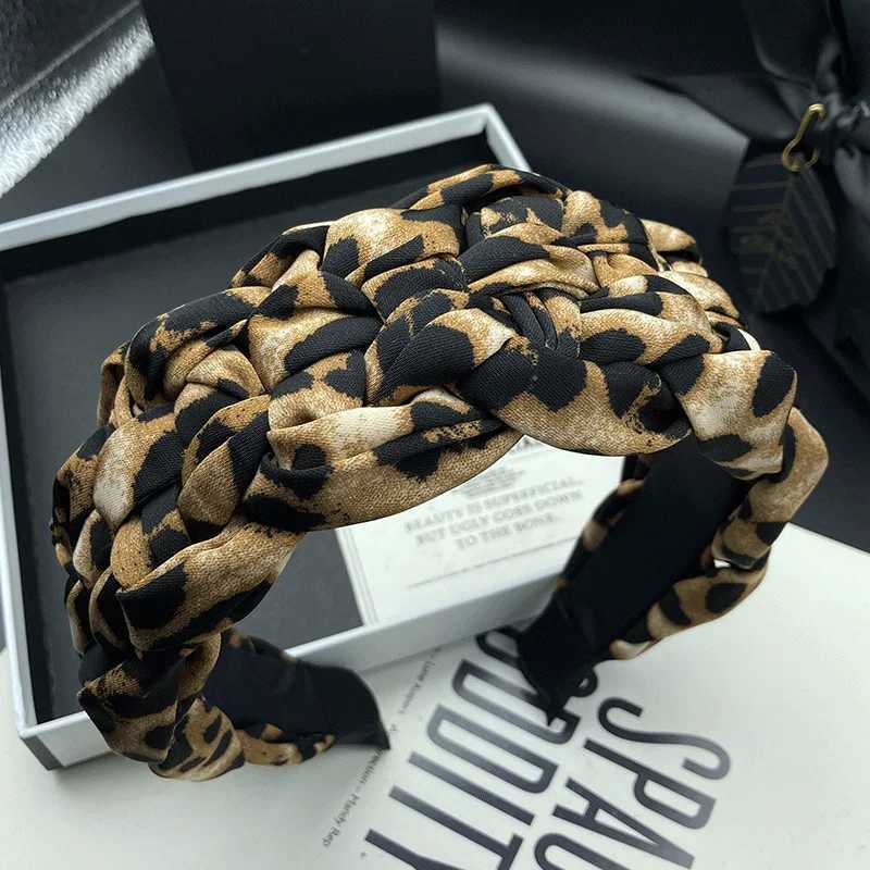 Fashionable leopard print headband with high skull top hand woven human hair tie headband pressed hair wash headband H260319