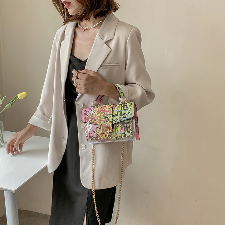 2026 Luxury Graffiti Transparent Jelly Bag Summer Fashion Korean Edition Instagram Internet Celebrity Chain Shoulder Crossbody Bag Women's Versat