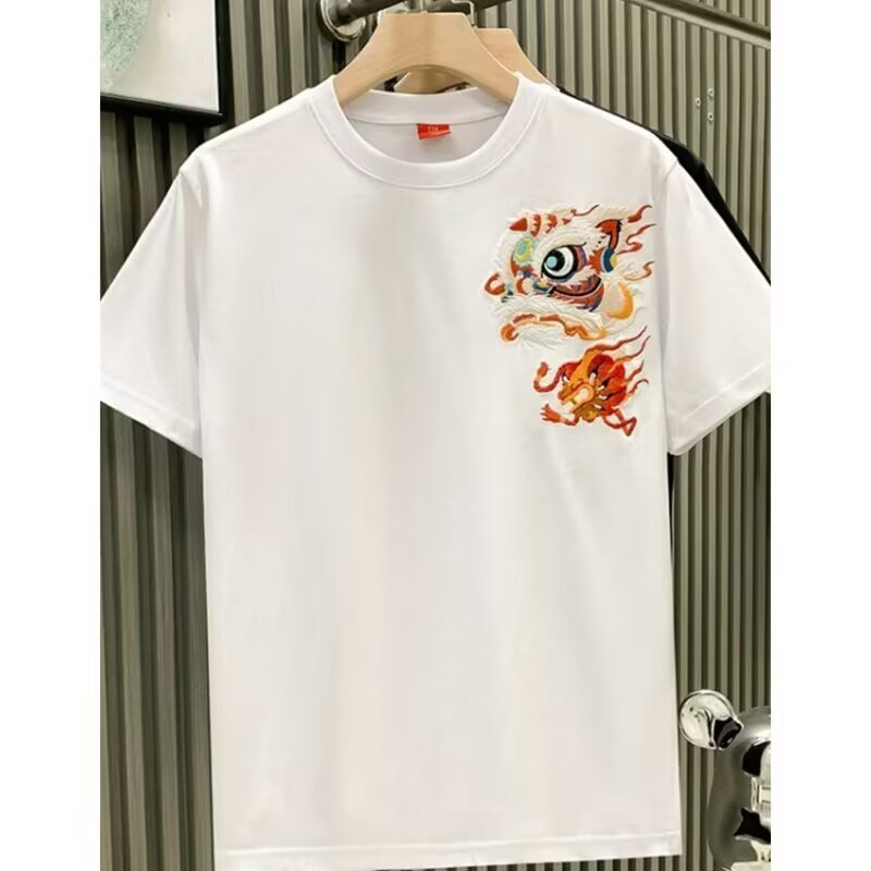 Pure Cotton ort Sve T-irt Men's Summer Chinese Style New round Ne Loose Casual Match All Cotton Embroidery Lion Print Tee