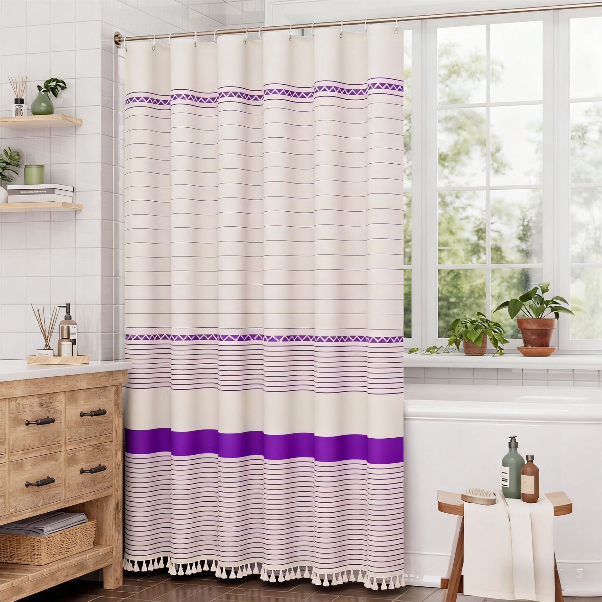 YL-38376 Bamboo Striped Simple Tassel Bathroom Curtain, Waterproof and Thickened, Bathroom Partition Curtain