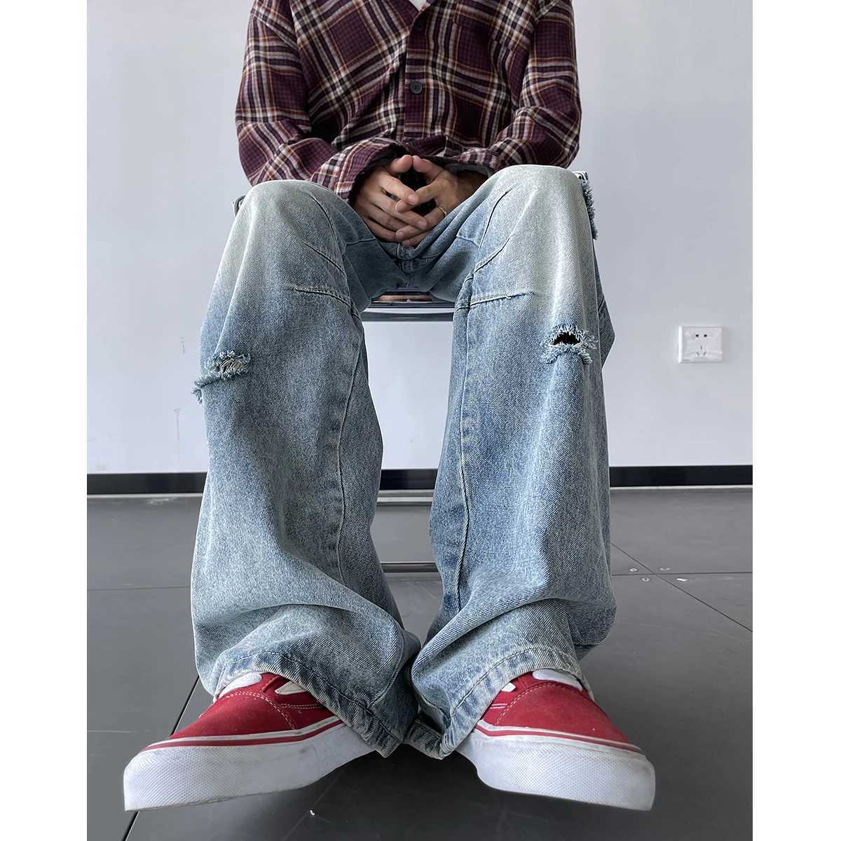 Cargo jeans men Autumn NEW Fashion Burrs Vintage Blue Streetwear Casual Denim Pants Unisex Hip Hop Patchwork Jean Pants M260319