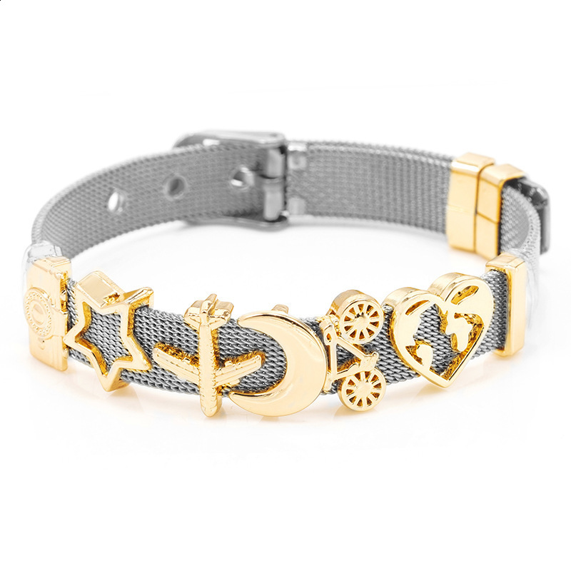 Charm Bracelets DINGLLY Two tone Stainless Steel Mesh For Women Men Golden Love Heart Beaded 10mm Ribbon Bracelet Bangle Gifts 230424