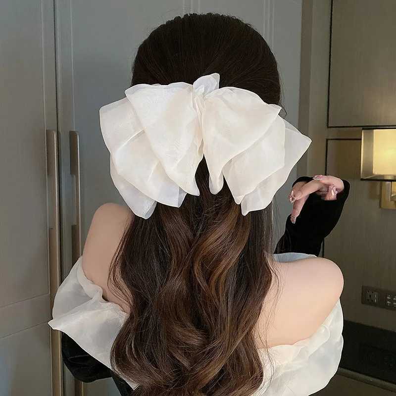 Black Beige Khaki Oversize Bow Hairpin for Women Cute Net Yarn Bowknot Ribbon Clip Hair Clip Korean Chiffon Hair Accessories H260319