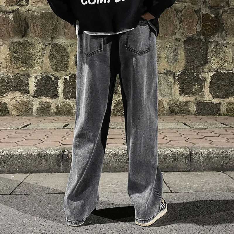Korean Fashion Mens Baggy Jeans Elastic Waist Classic olid Color Straight-leg Denim Wide-leg Pants Male Light Blue Grey Black M260319