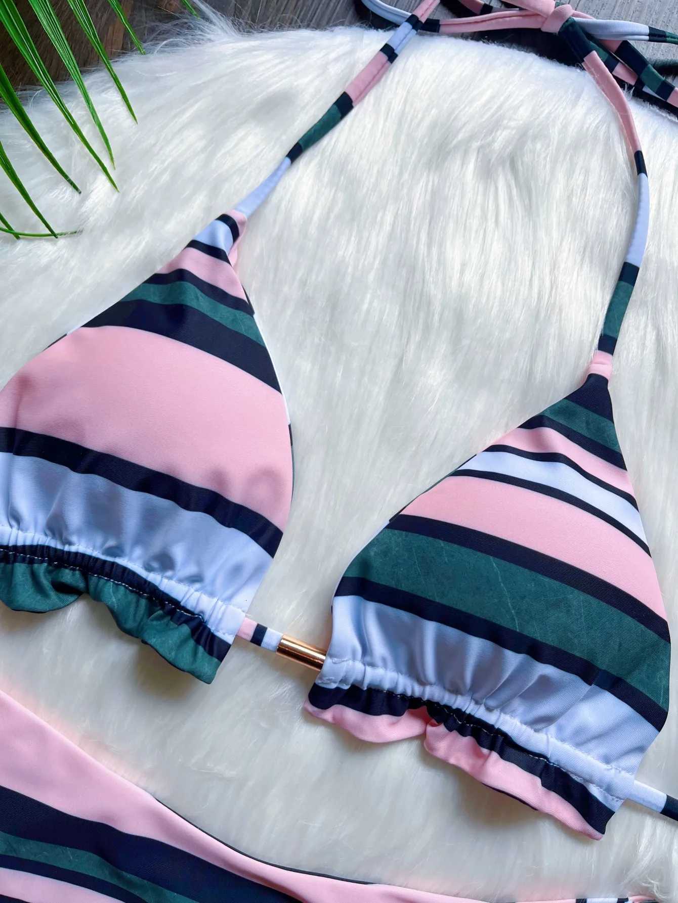 Striped print womens sexy bikini swimsuit split set with straps and tassels 2-piece set summer beach swimsuitT260318