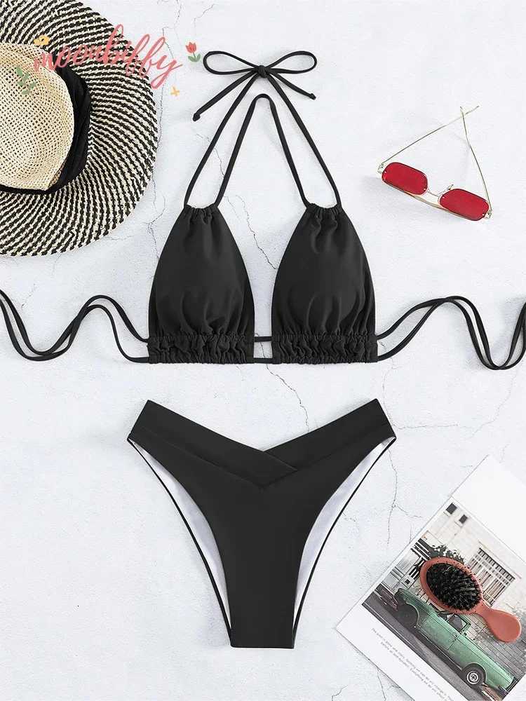 Plus Size Beach Bikini Black Sexy Halter Bikini Push Up Swimsuit 2 Piece Bikini Sets Summer Women Swimwear Bathing SuitsT260318