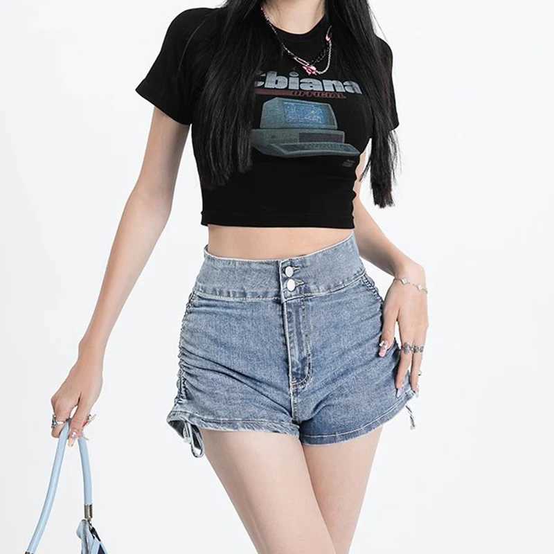 2026 Summer Ins Fashion Designer Women Jeans Lady High Waist Thin Blue Denim Shorts Female Chic A-Line Short Pants M260319