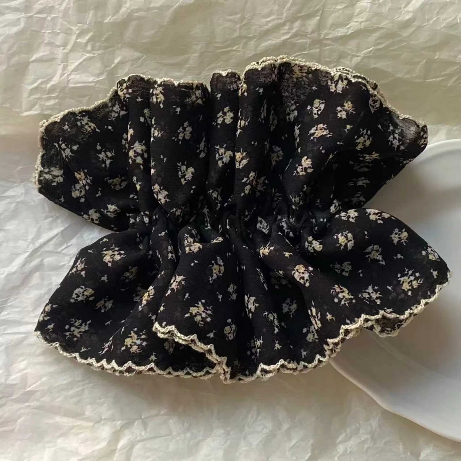 1PCVintage Floral Chiffon ScrunchieBlack Small Flower Pattern Hair TieLace Trim Elastic Hair Band For WomenElegant Hair Acces H260319
