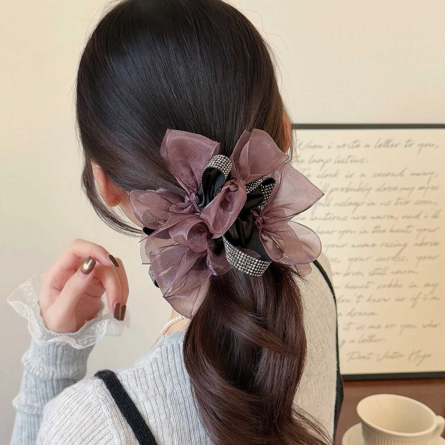 1pc Spring/Summer Style Water Diamond Mesh Bow Large Intestine Hairband Head Rope New High Elasticity Hair Accessories H260319