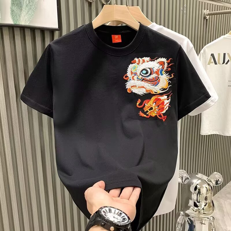Pure Cotton ort Sve T-irt Men's Summer Chinese Style New round Ne Loose Casual Match All Cotton Embroidery Lion Print Tee