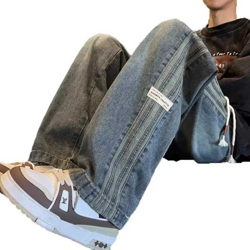 Three bar American retro jeans mens spring and autumn new style high street elastic waist loose casual mens straight leg long M260319