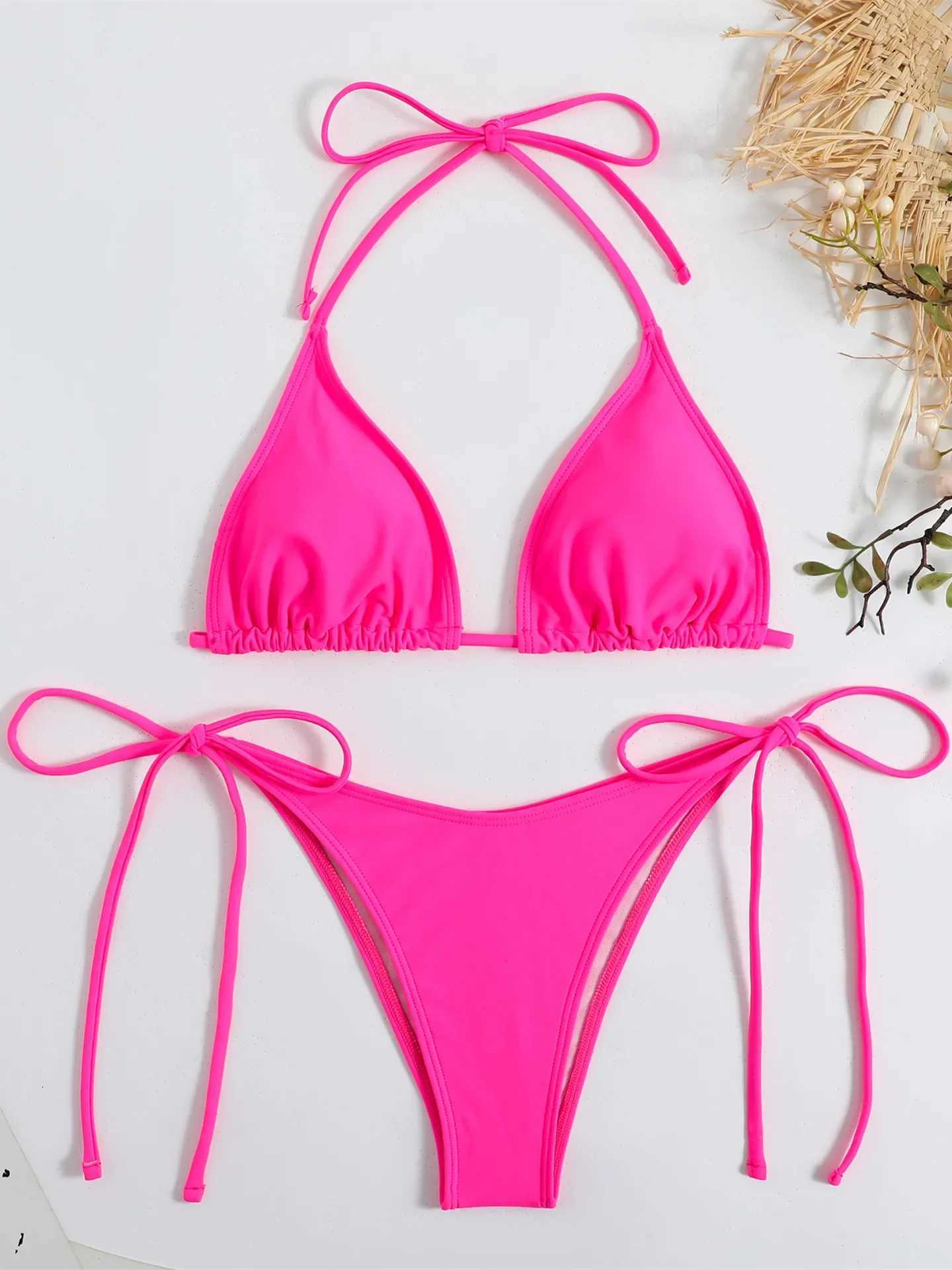 Sexy Brown Bikini 2025 Women Solid Red Halter Push Up Bra Tie Side Triangle Swimsuit Summer Bathing Suit Lace Up Micro SwimwearT260318