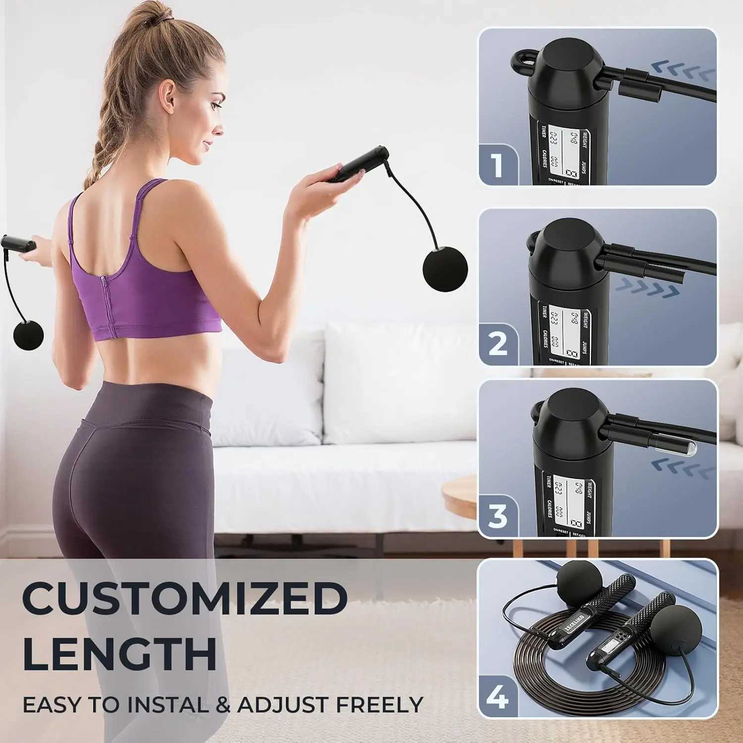 Smart LED Jump Rope with Counter Adjustable Steel Wire for Home Gym HIIT Tracks Jumps Calories Time M260319