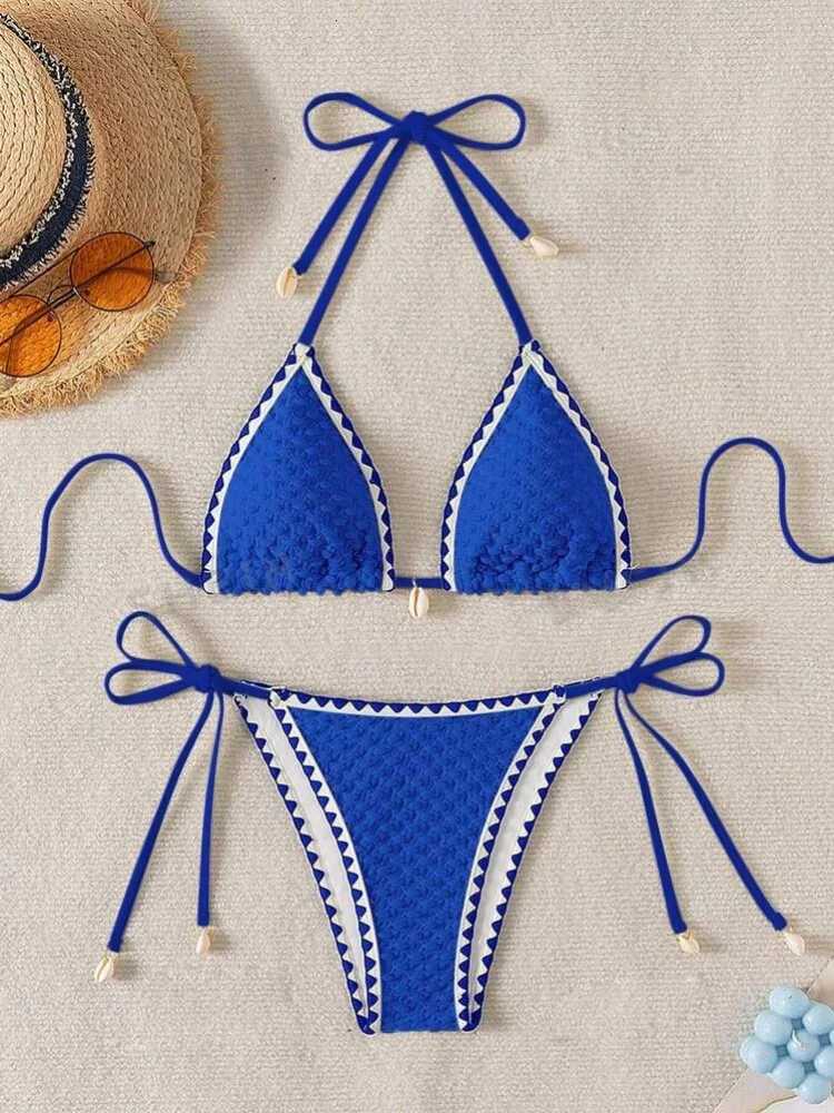 Sexy White Contrast Bikinis Sets 2025 Women Shell Ornament Push Up Tie Side Thong Swimsuit Summer Bathing Suit Micro SwimwearT260318