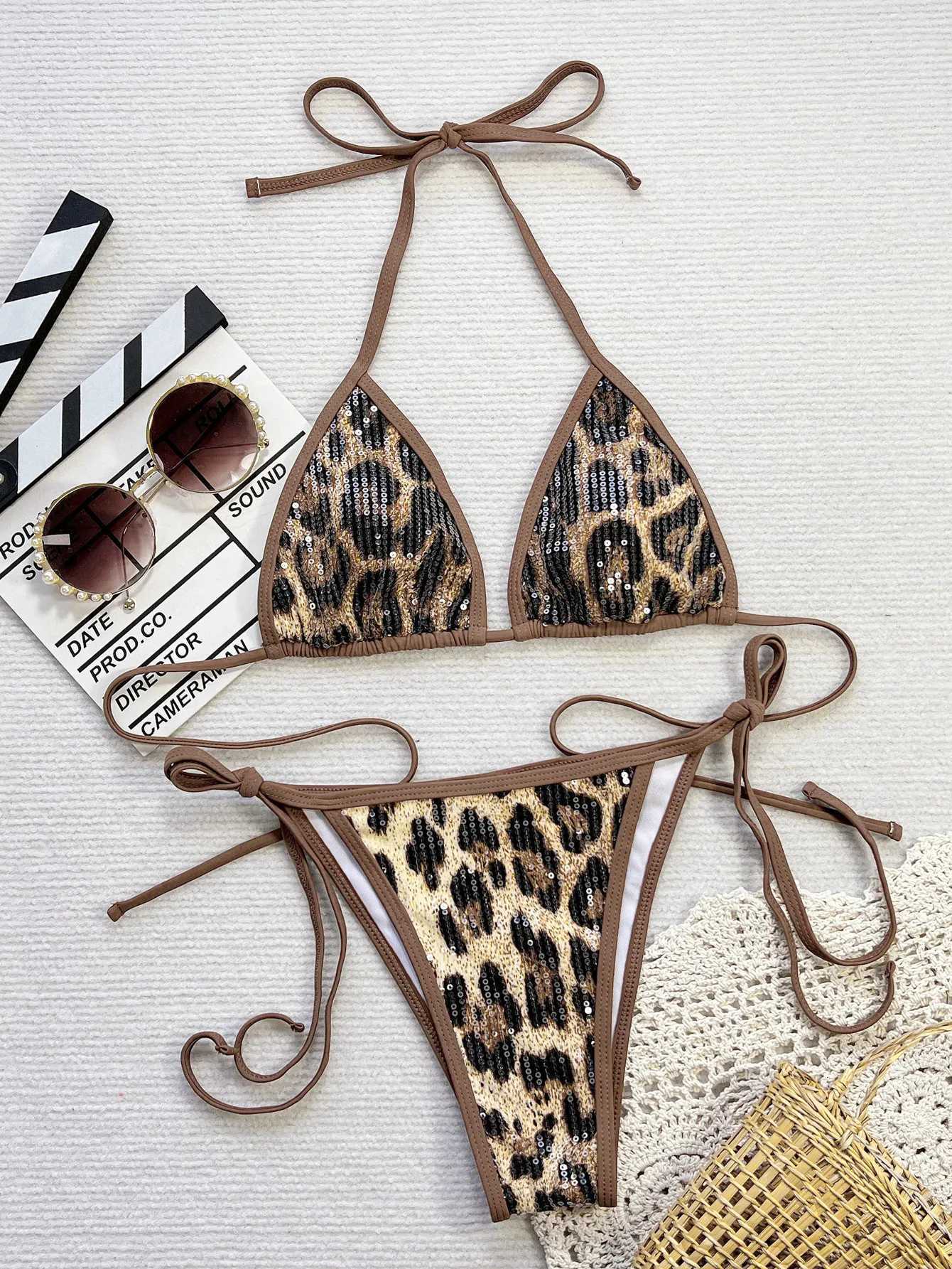 Sexy Triangle Bathing Suit for Women Bikini 2025 Women Sequin Leopard Print Push Up Micro Swimsuit Beach Swimming Suit SwimwearT260318
