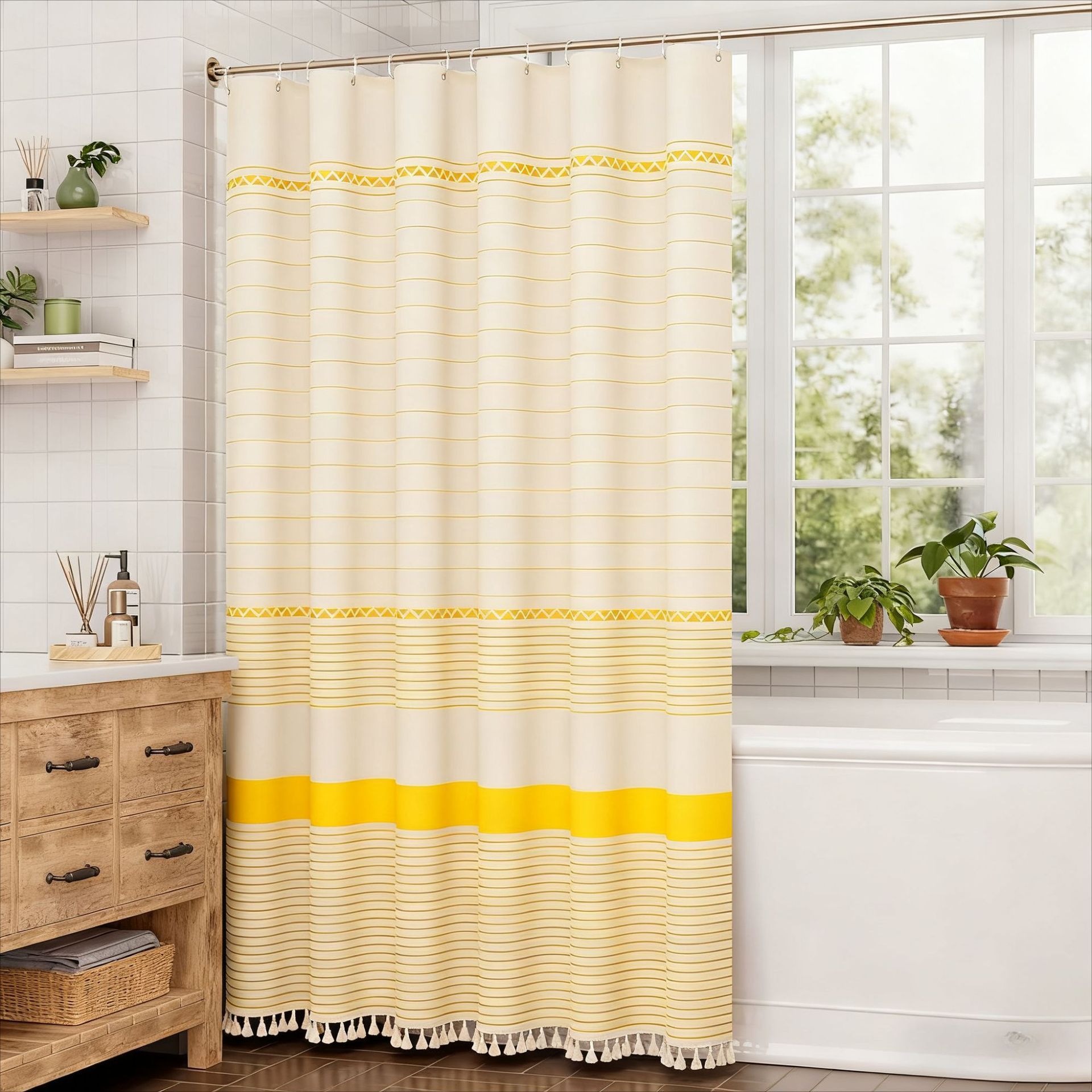 YL-38371 Printed Bamboo Striped Simple Tassel Bathroom Curtain, Waterproof and Thickened, Bathroom Partition Curtain