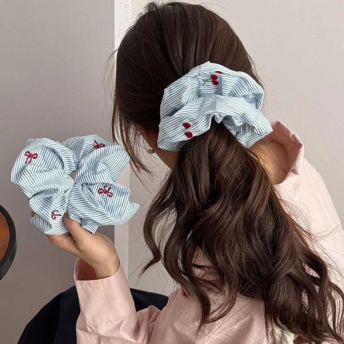 YHJ 2pcs Korean Delicate Style Blue Striped Red Bow Cherry Scrunchie Hair Tie Ponytail Hair Rope Fashionable Hair Accessories H260319