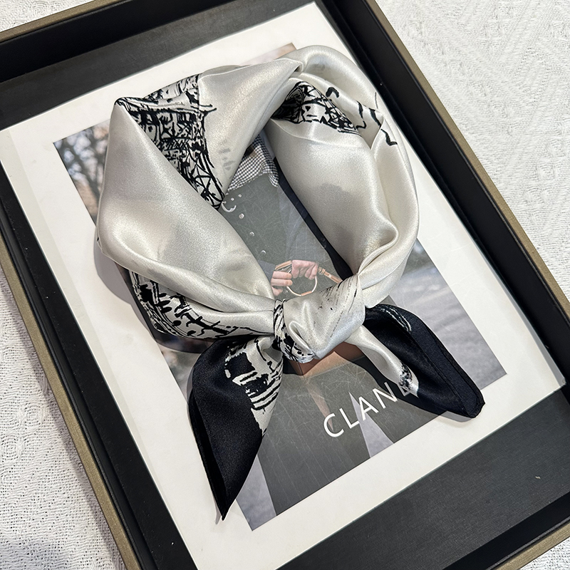 Black Paris Tower Print 100% Silk Scarf for Women - Summer Lightweight Fashion Silk 53cm Small Square Necktie Neck Scarf Neck Guard