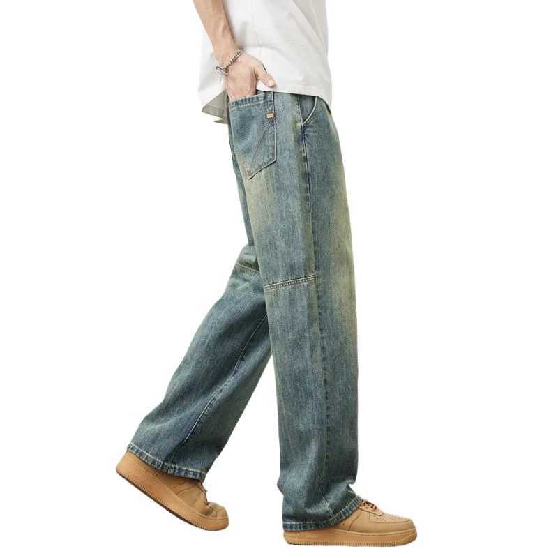 Jeans Fashionable Splicing Design Straight Wide-leg Pants Korean RETRO Street Baggy Denim Trousers Mens Baggy Pants M260319