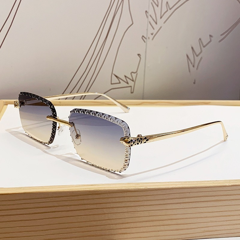 Brand Designer European And American New Leopard Head Frameless Sunglasses For Women, Light Luxury Style, Metal Square Floral Lens Fashion Sun