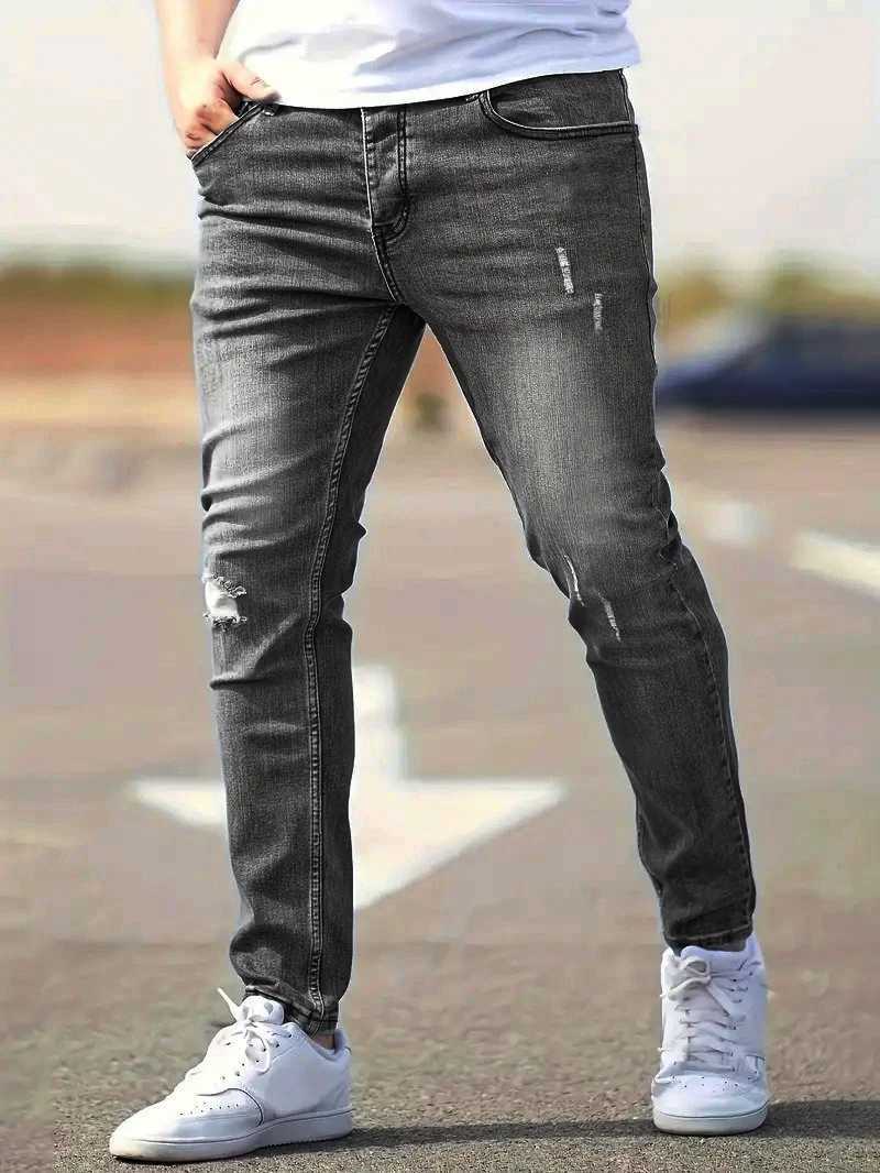 Mens American Retro Hole-Punched Stretch Slim Fit Jeans Zipper Casual Streetwear Denim Pants Classic Black Blue Skinny Trousers M260319