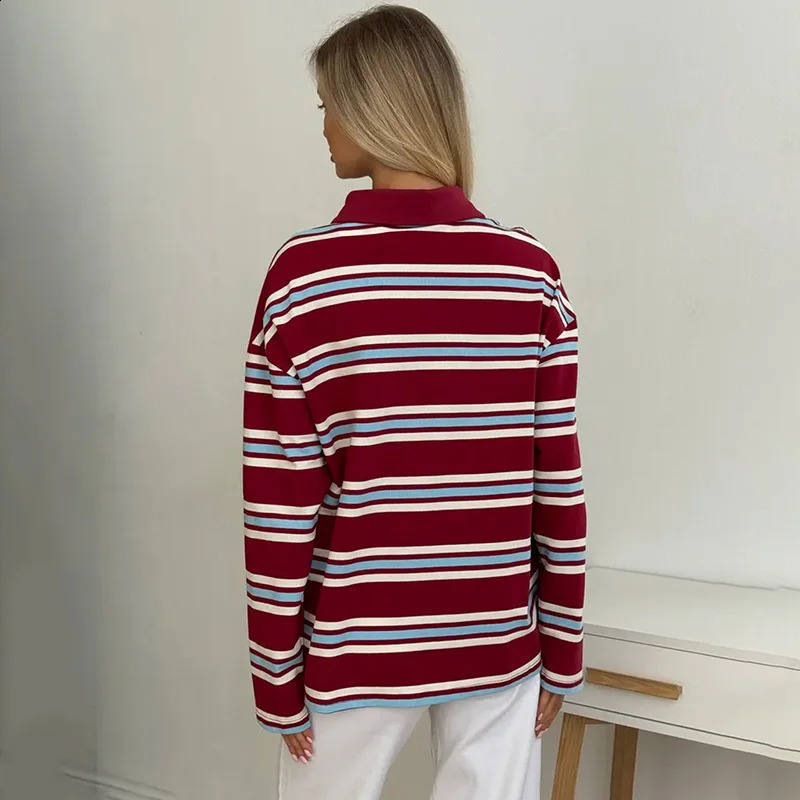 Tornova Casual Long Sleeve Striped T shirt Polo Collar Loose Womens Top Pullover Fashion Retro Print T shirt Female Autumn 260304