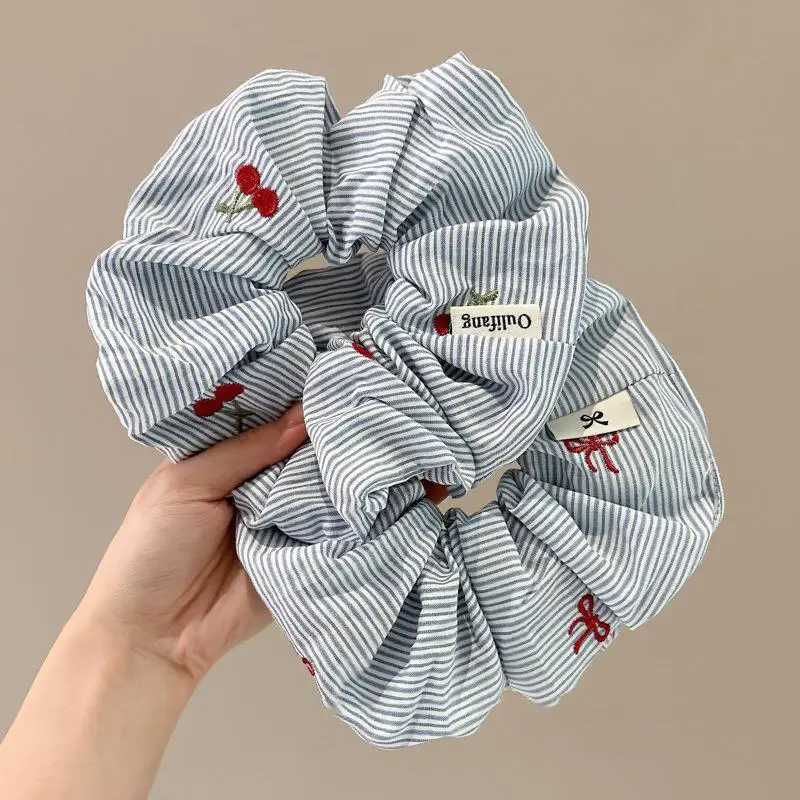 YHJ 2pcs Korean Delicate Style Blue Striped Red Bow Cherry Scrunchie Hair Tie Ponytail Hair Rope Fashionable Hair Accessories H260319