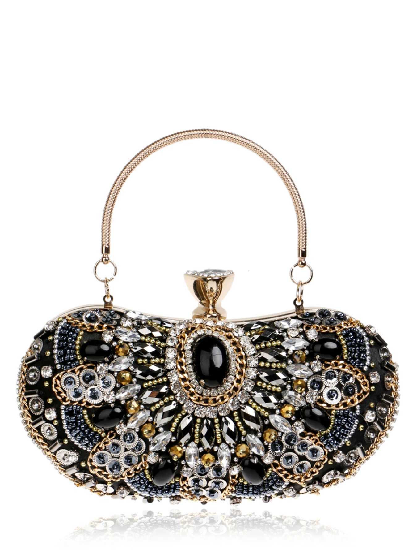 Embroidery Design Lady Gift Clutch Beading Hollow Out Style Evening Bags Black Color Diamonds Metal Golden Handbags Purse W260319 - view 6