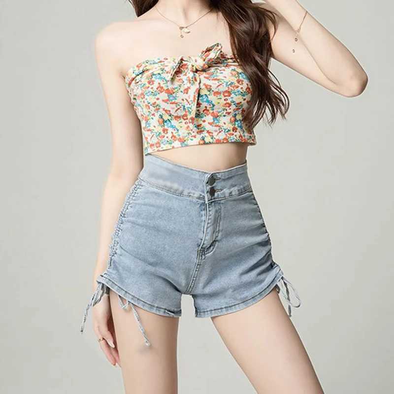 Summer Lady Ins Double Button High Waist Jeans Women Fashion Slim Fit Denim Shorts Female Solid Casual Short Pants M260319