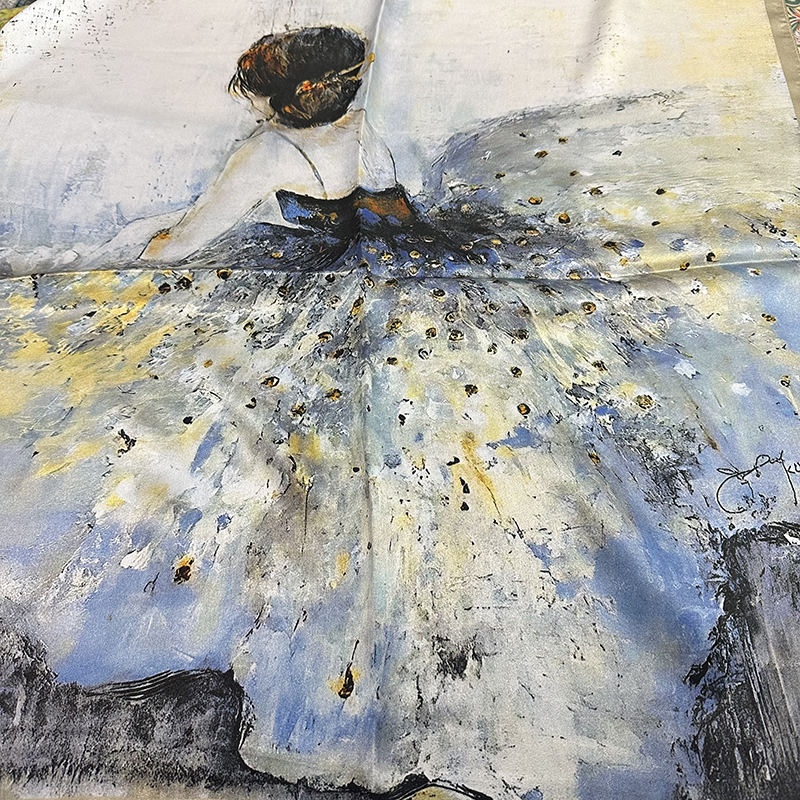 Spring sheer scarf with elegant fashion touch - ballet girl style. Exquisite printed 100% mulberry silk scarf for neck protection, small headscarf.