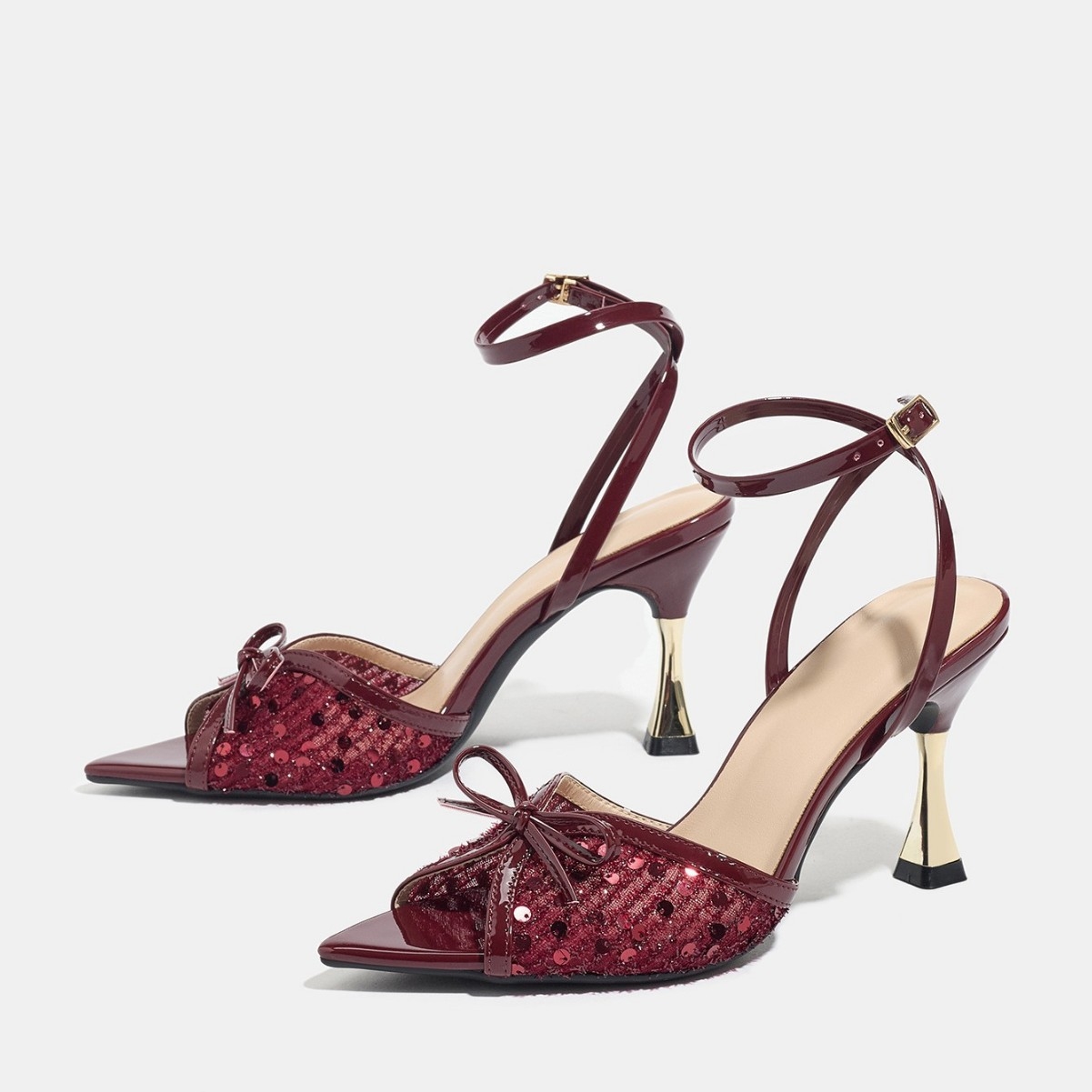 Luxury sandals 2026 new Genuine Burgundy Sequin Bow Slingback Kitten Heels Pointed Toe Metallic Heel Ankle Strap Dress Shoes for Party Prom